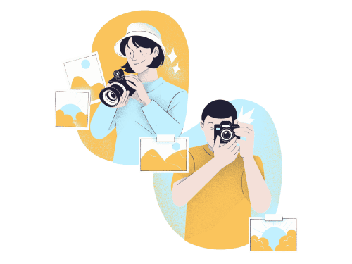 趣味のカメラを楽しんでいるイラスト