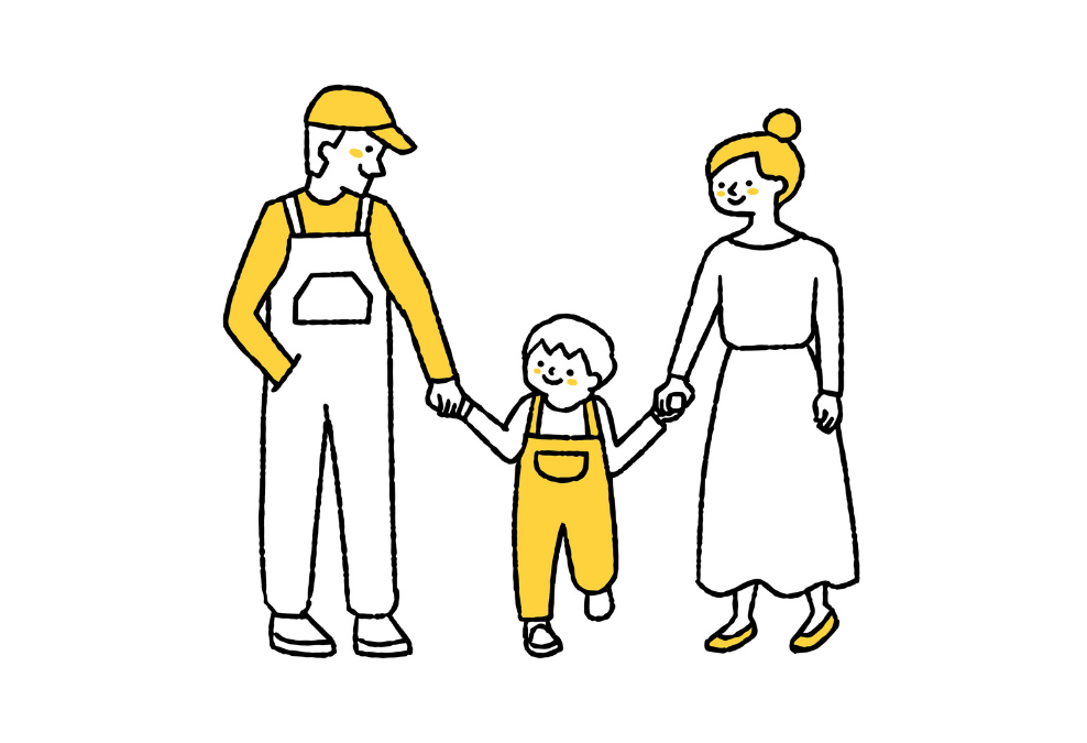 子供と手を繋いで歩く夫婦のイラスト