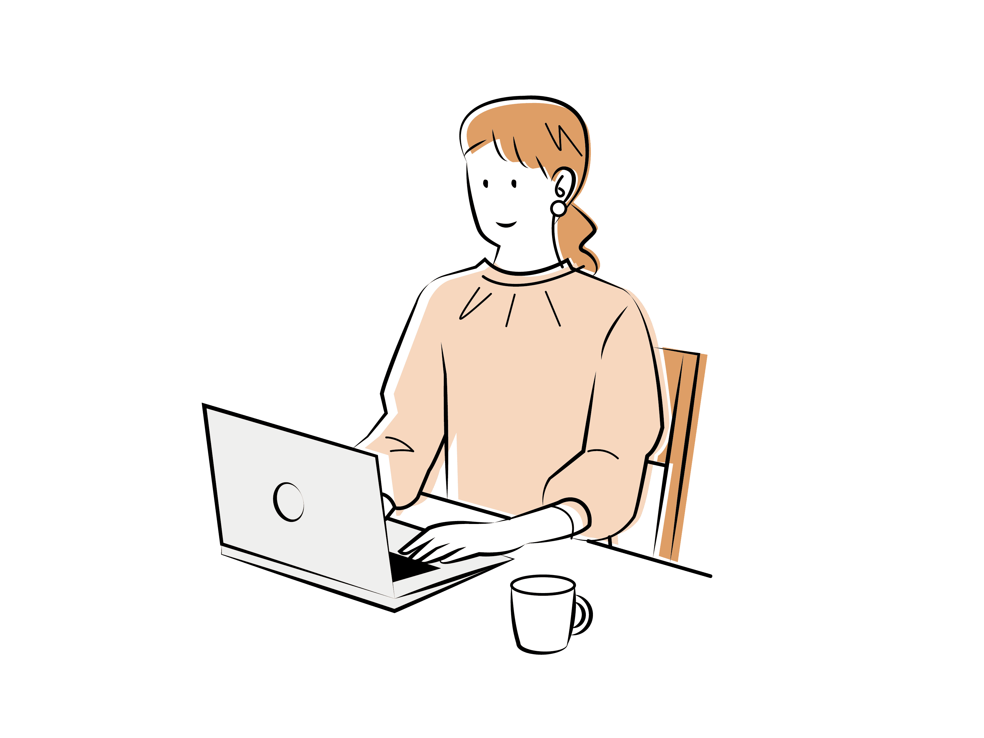 机の上でパソコンを操作する女性のイラスト