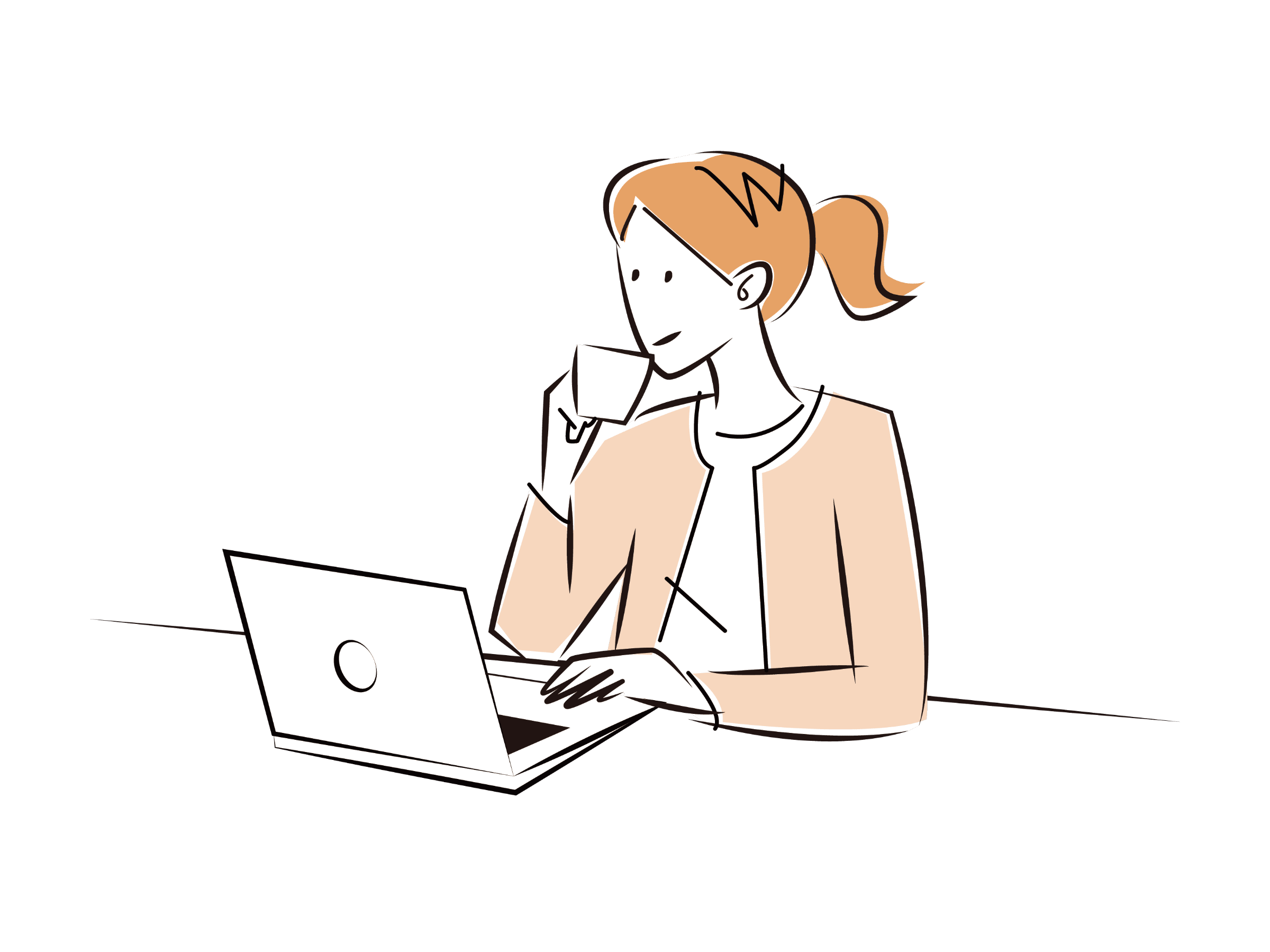 コーヒーを飲みながらパソコンを操作する女性のイラスト