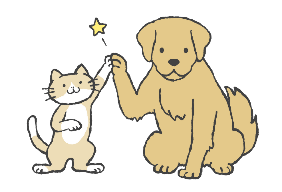 猫と犬がハイタッチをしているイラスト