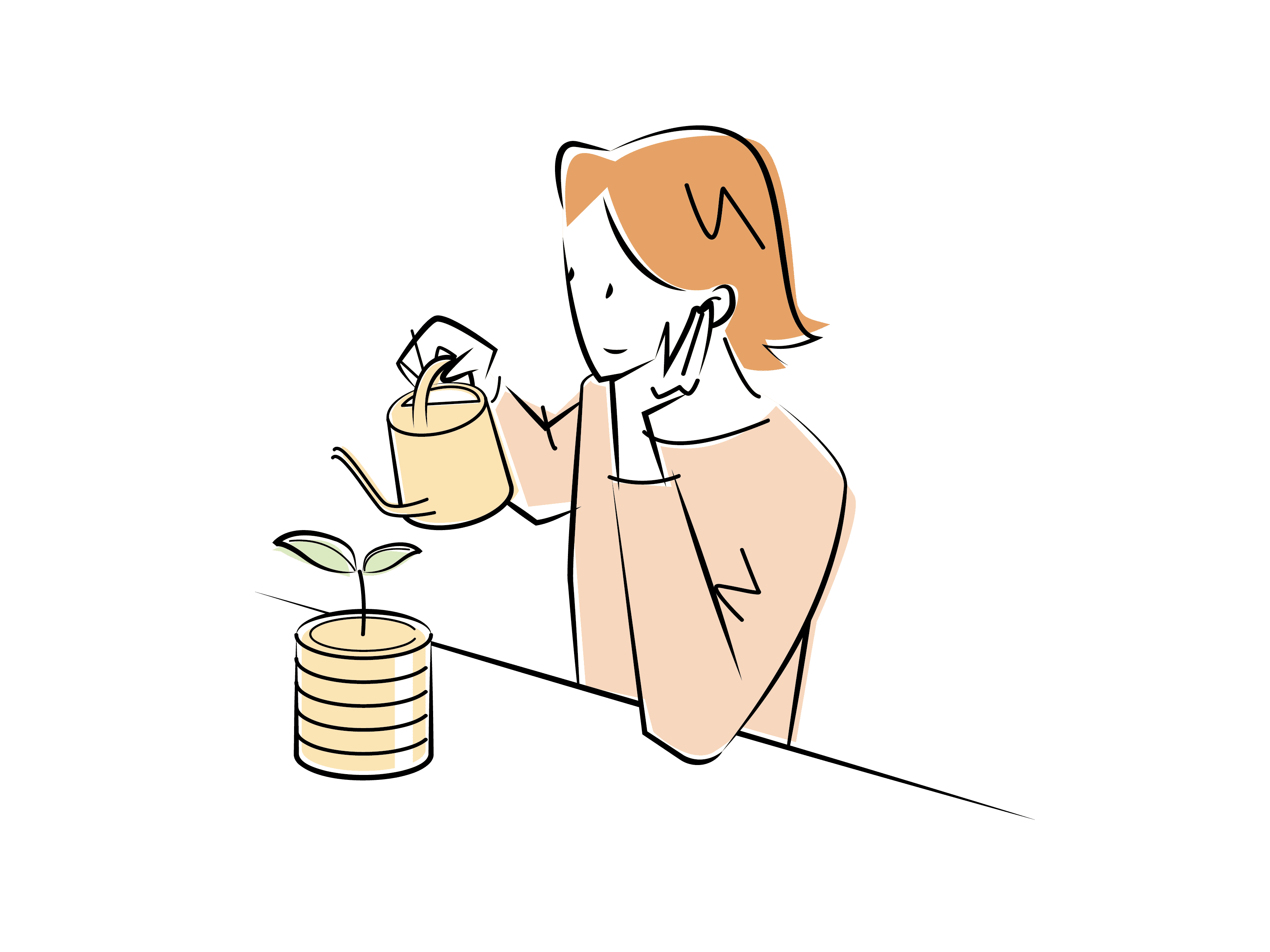 植木鉢に水やりをする女性のイラスト