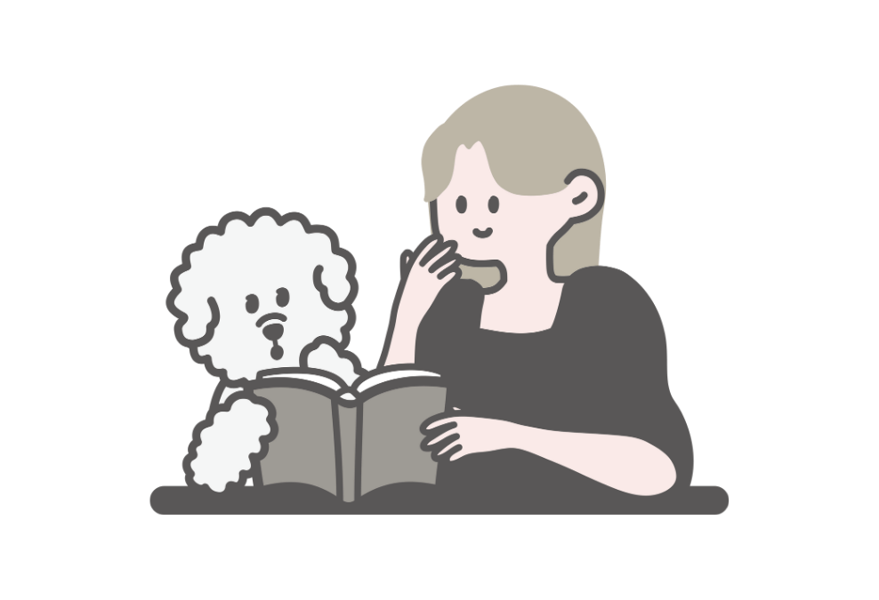 犬と一緒に読書をする女性のイラスト
