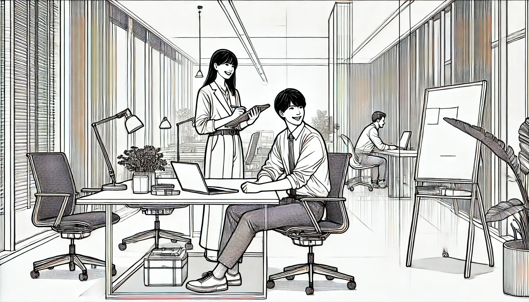 無料で使えるコワーキングスペースで仕事をしている男女のイラスト