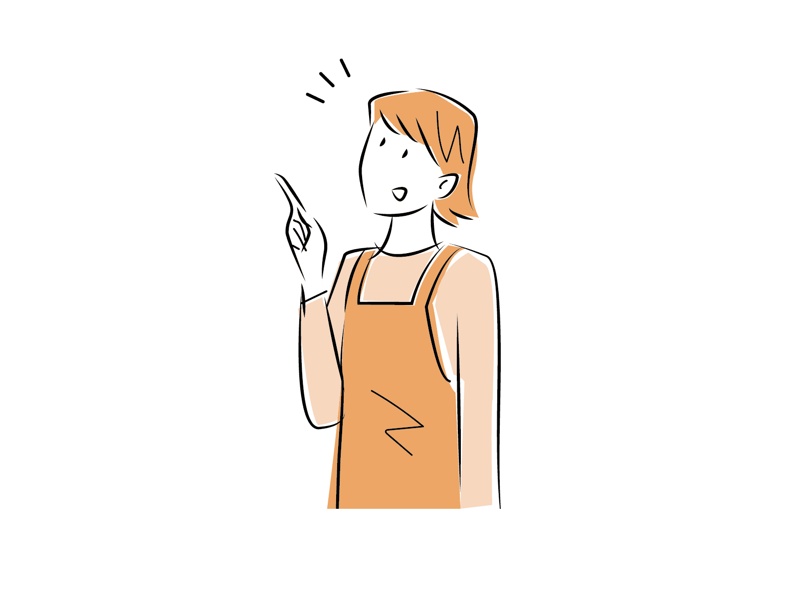 指を差すエプロン姿の女性