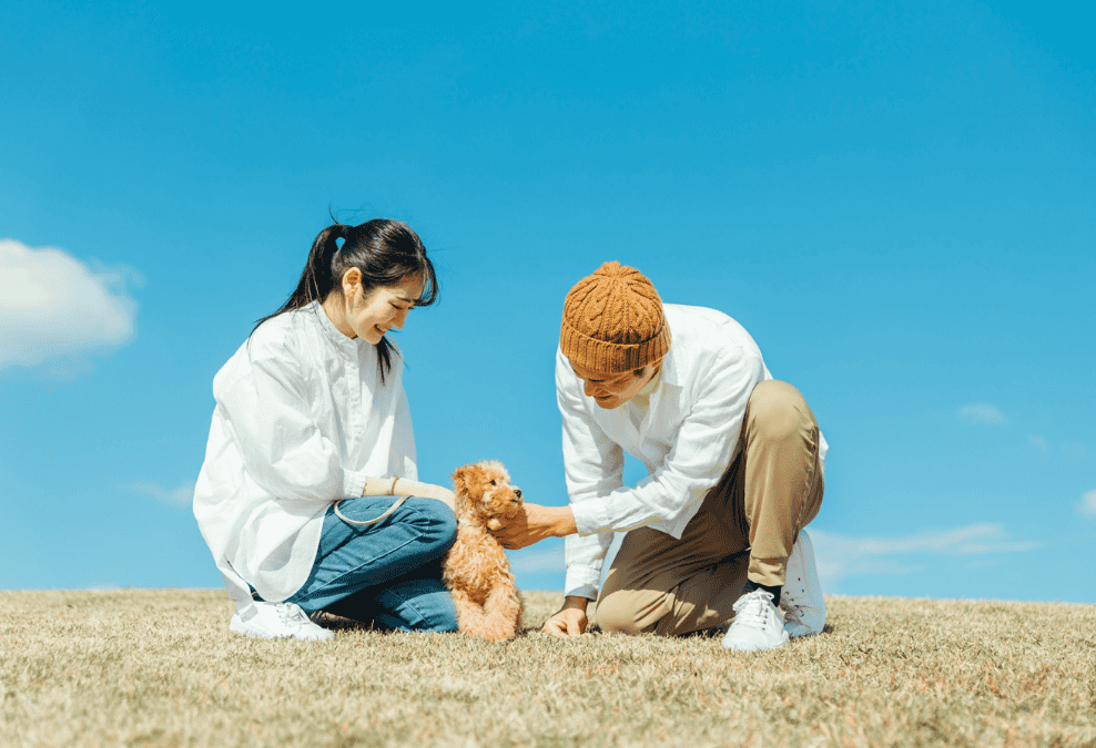 犬を愛でる男性と女性