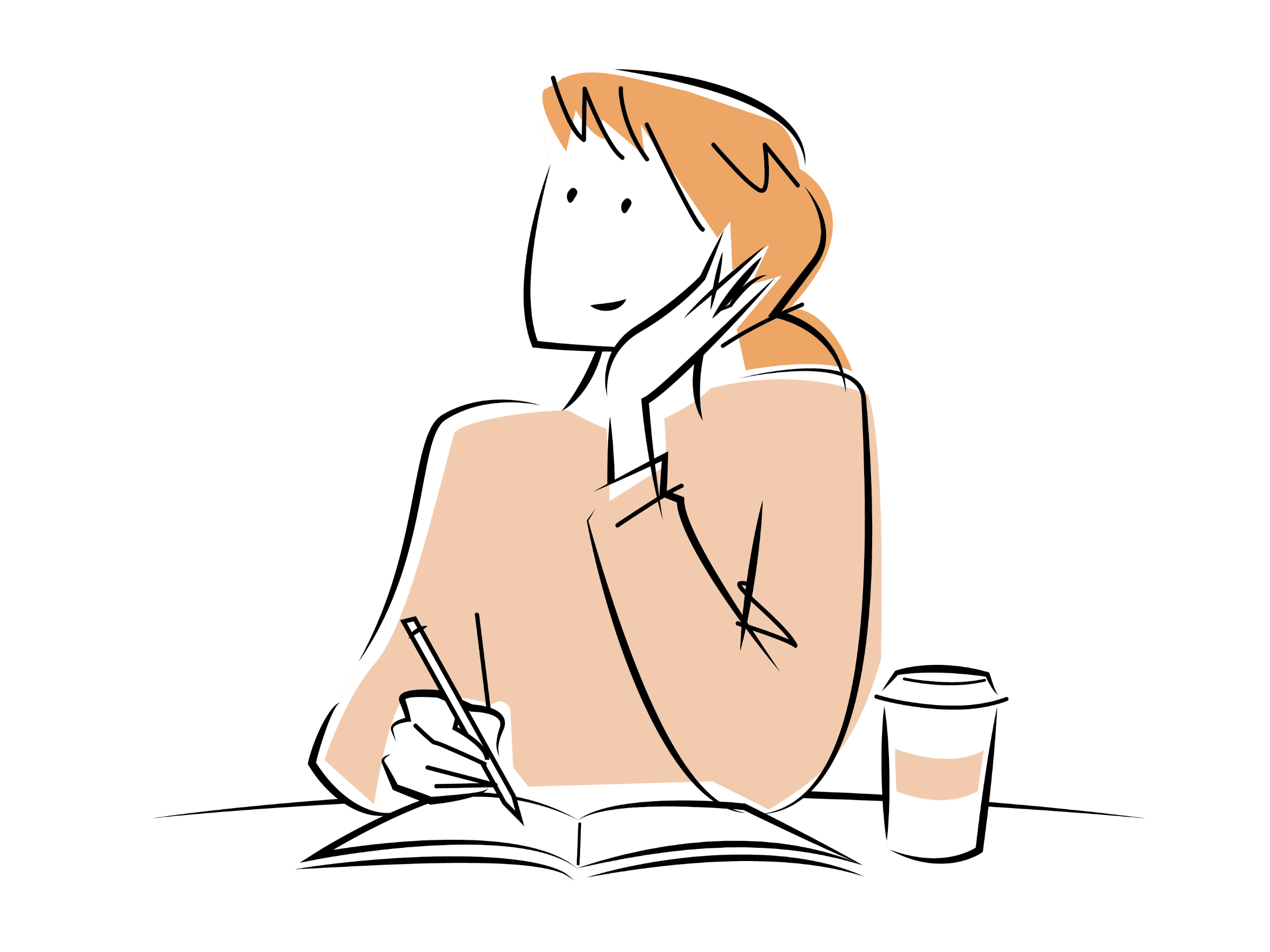 カフェで考え事をしながらメモをとる女性