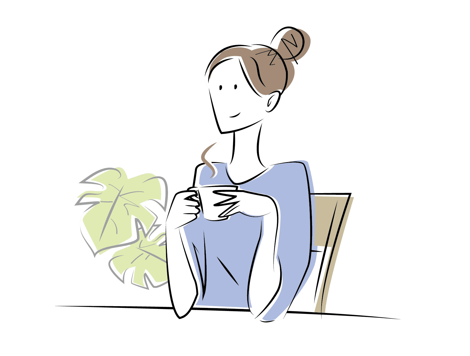 コーヒーを飲むお団子頭の女性