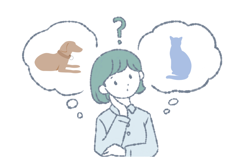 犬と猫で悩んでいる女性のイラスト