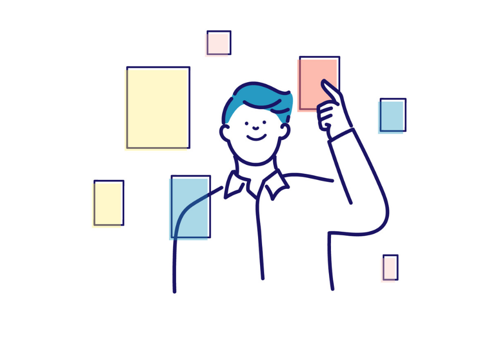多数の選択肢の中から一つを選ぶ男性のイラスト